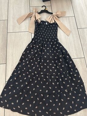 Hill House Home Women’s Black Floral Maxi Dress with Beige Bow Straps - Size L